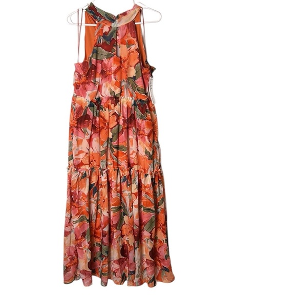 NICOLE MILLER  floral sleeveless halter dress, XL, sheer,chiffon,lined,tiered. - Picture 11 of 15